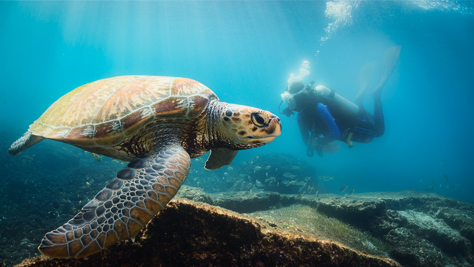 Unechte Karettschildkröte beim Tauchen auf Fuerteventura